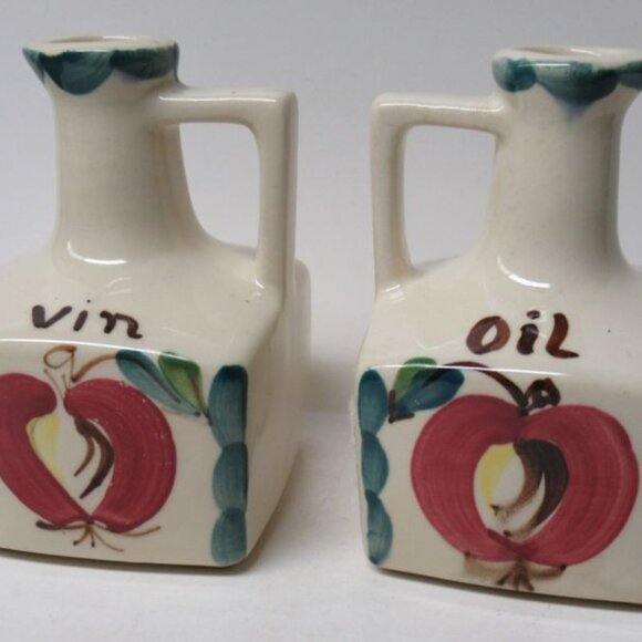 Purinton Pottery Slip Ware OPEN APPLE 4 3/4 Inch OIL and VINEGAR Cruets, Pair